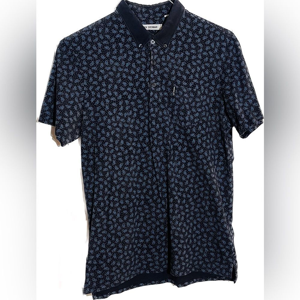 Men’s Ben Sherman Polo Collared Navy Blue Paisley Print Shirt SZ L 100% Cottton
